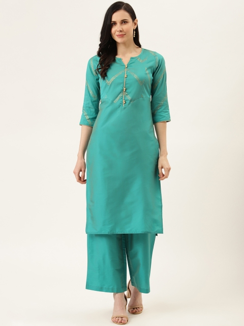 

Jaipur Kurti Women Sea Green & Golden Handloom Printed Kurta with Palazzos