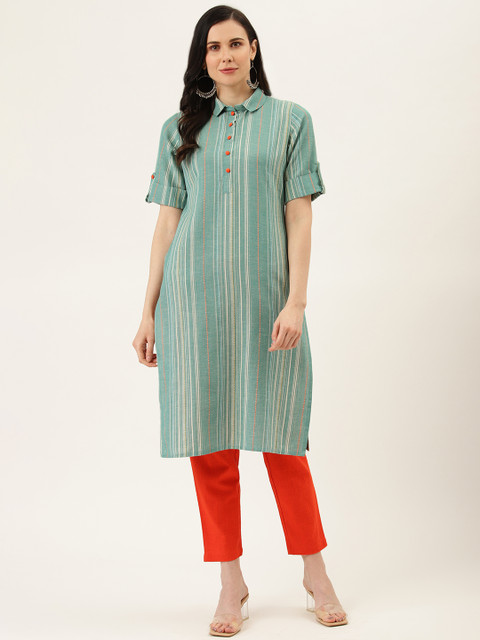 

Jaipur Kurti Women Green & Red Self Striped Handloom Kurta with Trousers