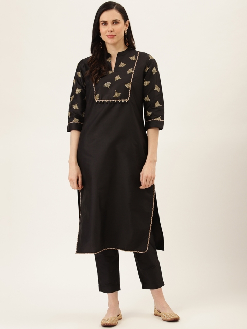 

Jaipur Kurti Women Black & Golden Yoke Design Handloom Kurta with Trousers