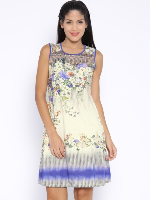 

109F Off-White & Blue Printed A-Line Dress