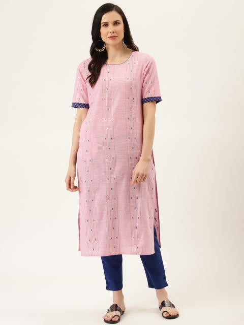 

Jaipur Kurti Women Pink & Blue Woven Design Kurta with Trousers