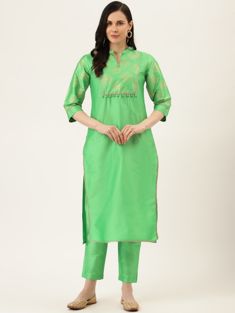 

Jaipur Kurti Women Green & Golden Handloom Yoke Design Kurta with Trousers