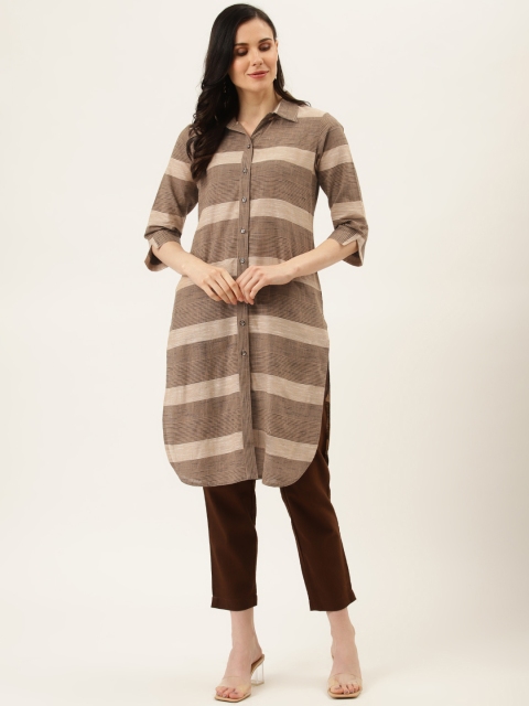 

Jaipur Kurti Women Beige & Brown Handloom Striped Kurta with Trousers