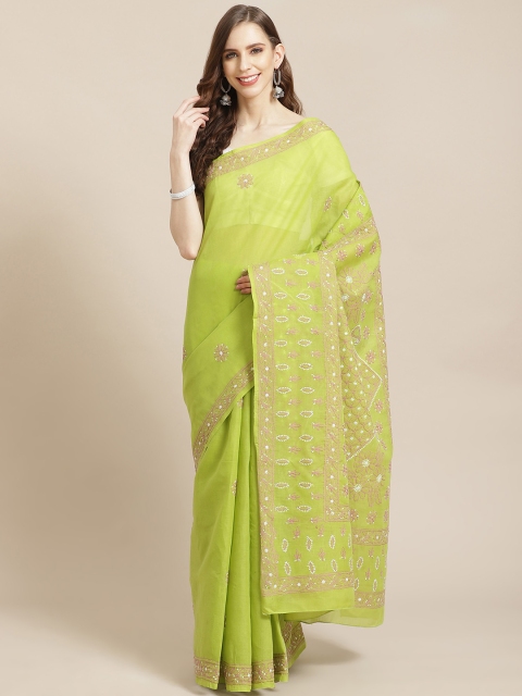 

ADA Green & Pink Pure Cotton Chikankari Hand Embroidered Sustainable Saree
