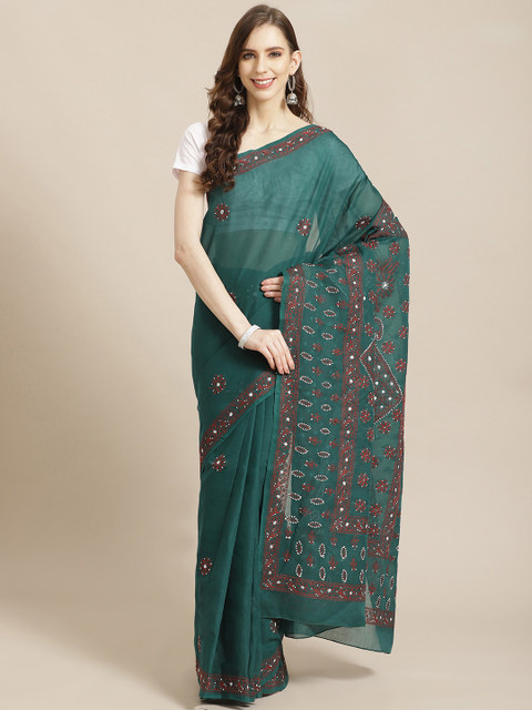 

ADA Teal Green & Maroon Pure Cotton Sustainable Chikankari Hand Embroidered Saree