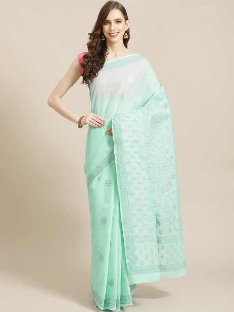 

ADA Sea Green & Pink Pure Cotton Chikankari Hand Embroidered Sustainable Saree