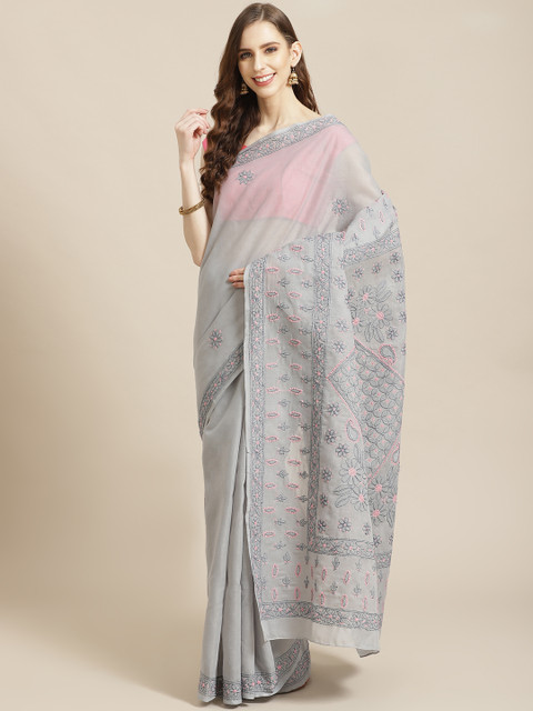 

ADA Grey Embroidered Pure Cotton Chikankari Hand Embroidered Sustainable Saree
