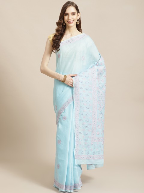 

ADA Blue & Pink Pure Cotton Chikankari Hand Embroidered Sustainable Saree