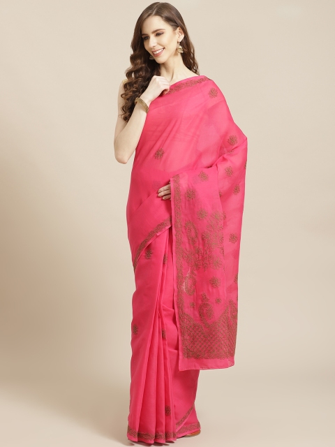 

ADA Pink & Green Pure Cotton Chikankari Hand Embroidered Saree