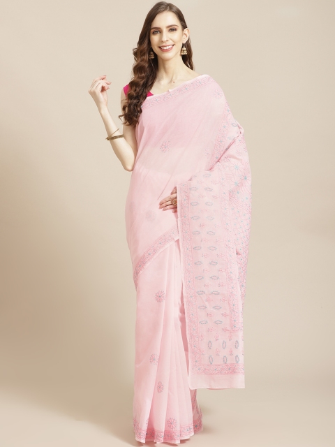 

ADA Pink & Blue Pure Cotton Chikankari Hand Embroidered Sustainable Saree