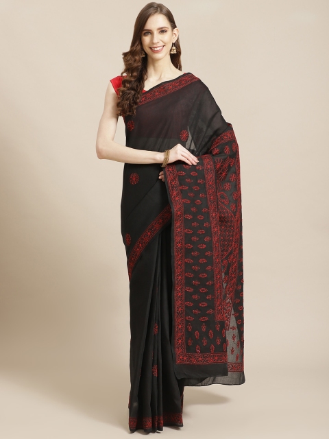 

ADA Black & Red Pure Cotton Sustainable Chikankari Hand Embroidered Saree