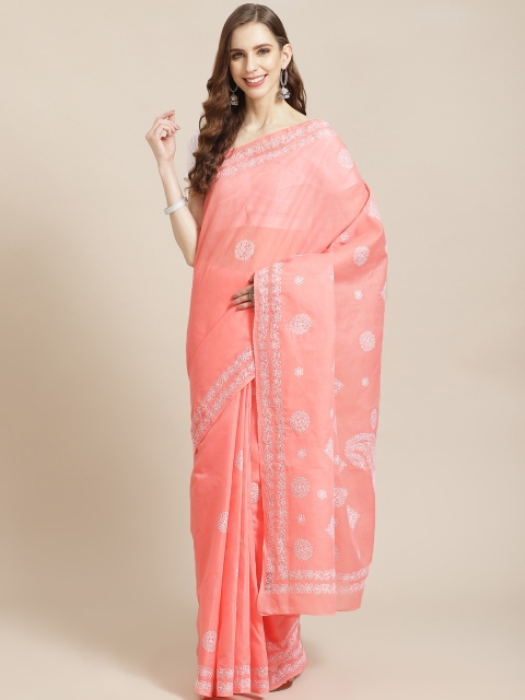 

ADA Peach-Coloured & White Pure Cotton Sustainable Chikankari Hand Embroidered Saree