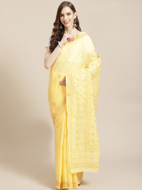 

ADA Yellow & White Pure Cotton Chikankari Hand Embroidered Saree