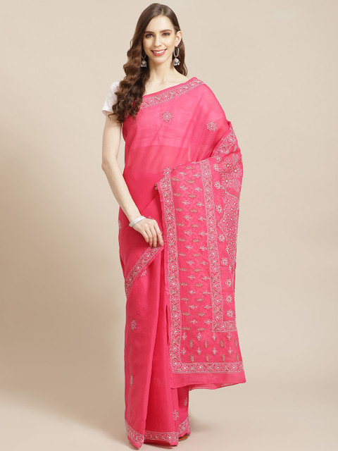 

ADA Pink & White Pure Cotton Chikankari Hand Embroidered Saree
