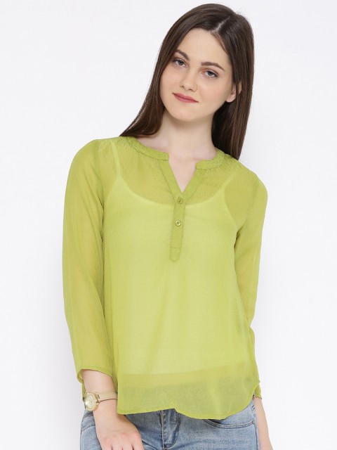 

109F Women Green Self-Design Sheer Shirt Style Top