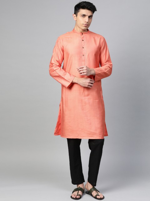 

Fabindia Men Peach-Coloured Yoke Design Straight Kurta