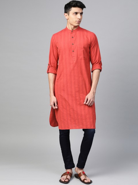 

Fabindia Men Red Striped Pure Cotton Straight Kurta