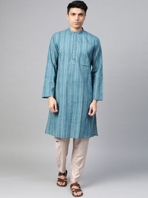 

Fabindia Men Teal Blue & Grey Striped Pure Cotton Straight Kurta