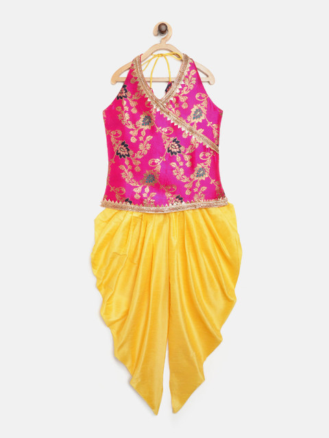 

BownBee Girls Pink & Golden Jacquard Woven Design Top with Dhoti Pants