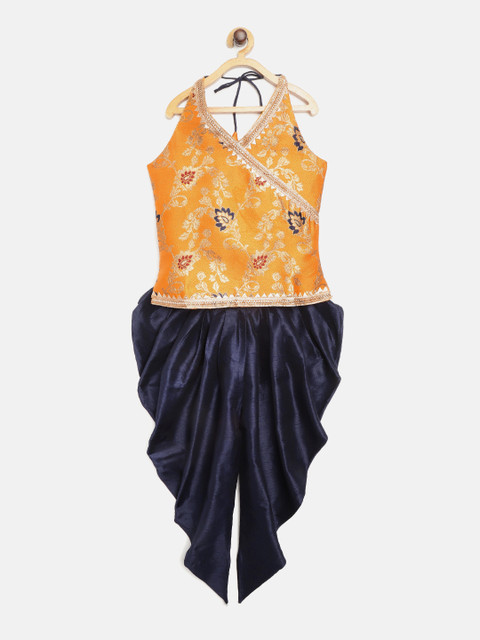 

BownBee Girls Orange & Golden Jacquard Woven Design Top with Dhoti Pants