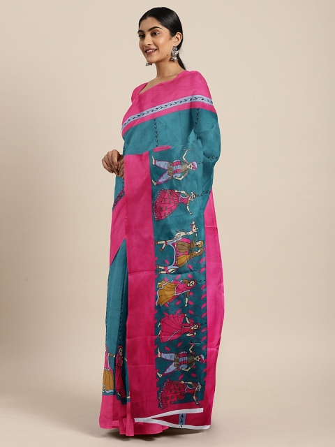 

KALINI Teal Blue Polycotton Printed Mangalagiri Handloom Saree
