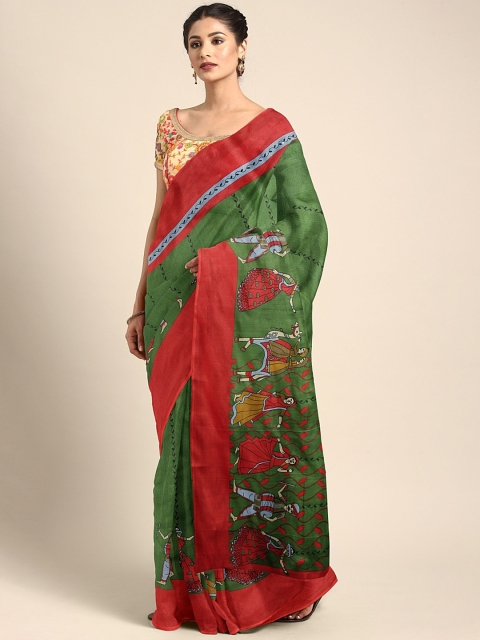 

KALINI Green & Red Polycotton Printed Mangalagiri Saree