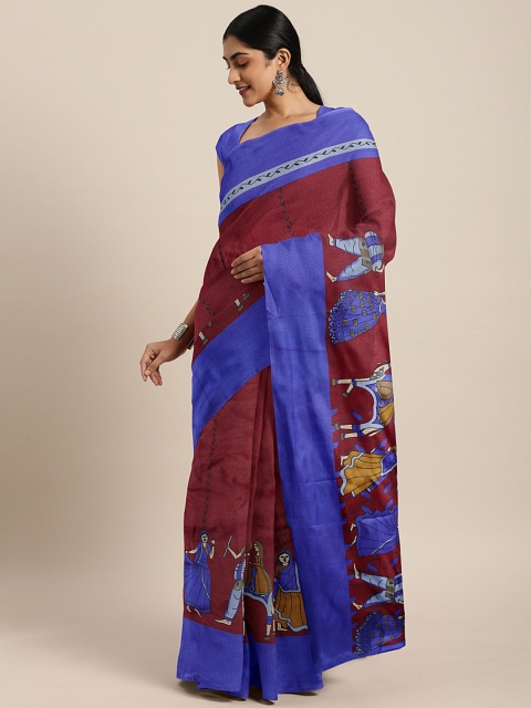 

KALINI Maroon & Blue Polycotton Printed Mangalagiri Saree