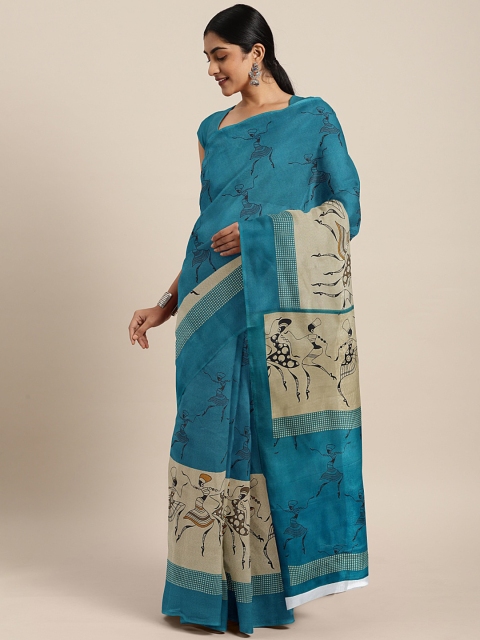 

KALINI Teal Blue & Off-White Polycotton Printed Mangalagiri Handloom Saree