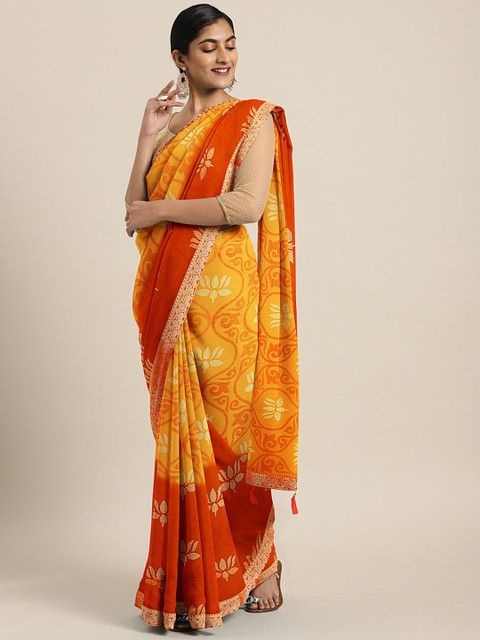 

KALINI Mustard Yellow & Orange Poly Georgette Printed Uppada Saree
