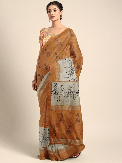 

KALINI Mustard & Beige Polycotton Printed Mangalagiri Saree