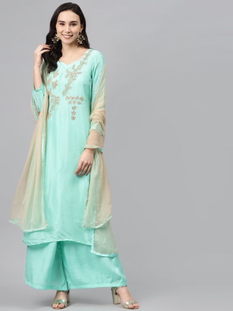 

Biba Sea Green & Beige Pure Upada Silk Unstitched Dress Material