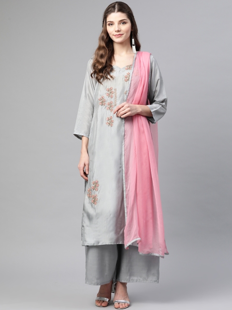 

Biba Pink & Grey Upada Silk Embellished Unstitched Dress Material