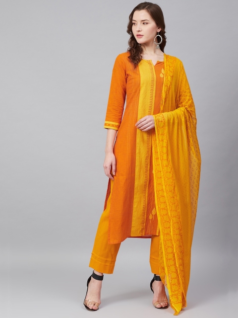 

Biba Orange & Yellow Embroidered Handloom Unstitched Dress Material