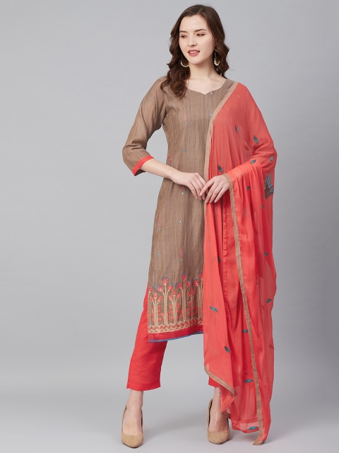 

Biba Brown & Coral Red Pure Silk Embroidered Unstitched Dress Material