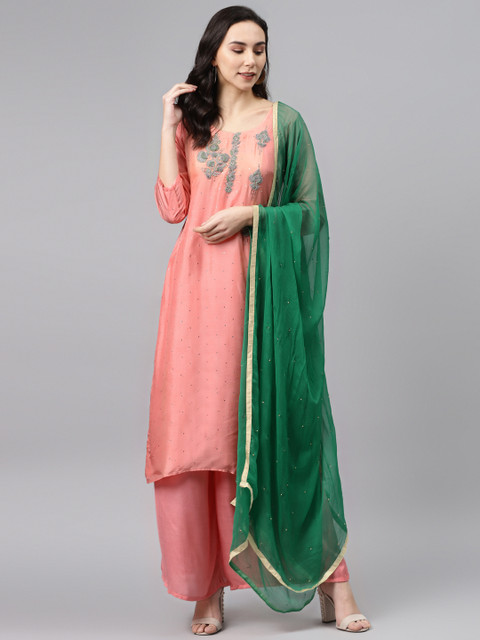 

Biba Pink & Green Pure Upada Silk Embroidered Unstitched Dress Material