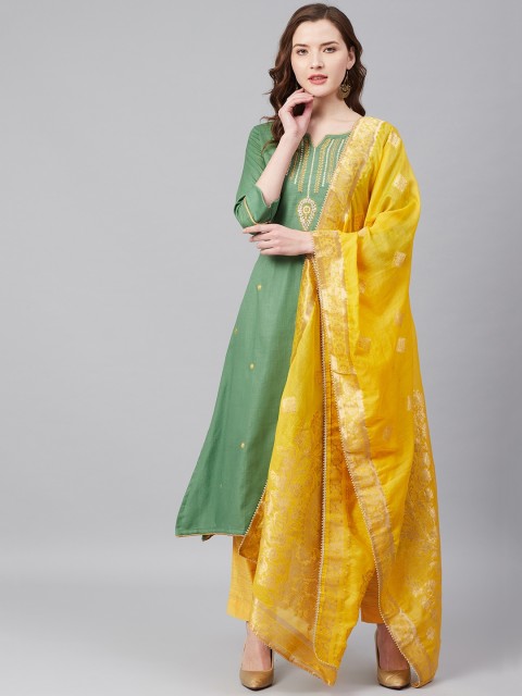 

Biba Green & Mustard Yellow Embroidered Unstitched Dress Material
