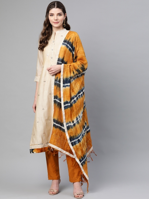 

Biba Cream-Coloured & Mustard Yellow Gotta Patti Work Unstitched Dress Material