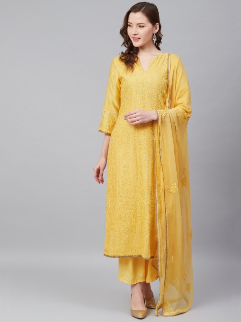 

Biba Yellow Embroidered Silk Chanderi Unstitched Dress Material