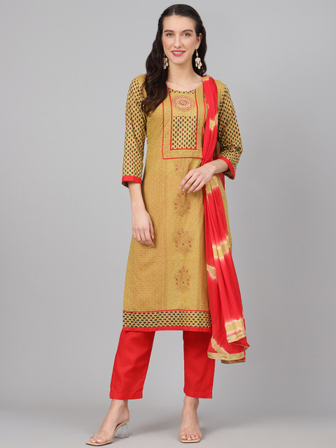 

Biba Mustard & Red Printed Unstitched Dress Material