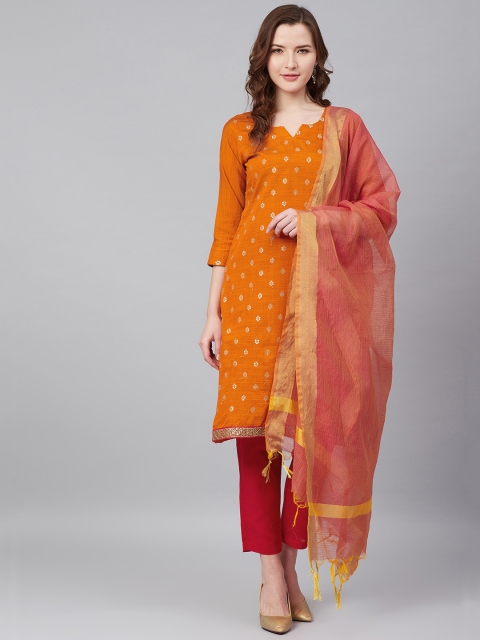 

Biba Orange & Golden Sequinned Matka Silk Unstitched Dress Material