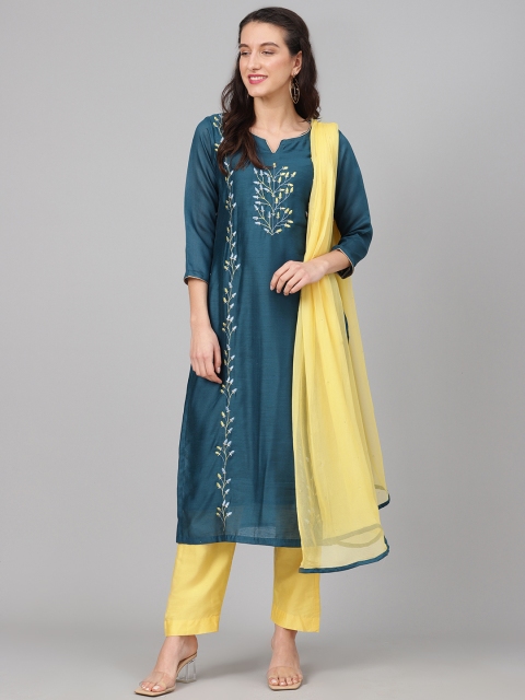 

Biba Teal Blue & Yellow Embroidered Pure Silk Unstitched Dress Material