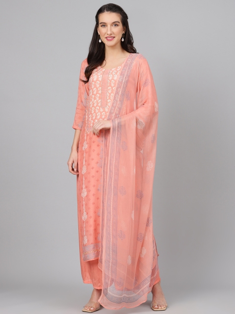 

Biba Peach-Coloured & White Printed Unstitched Dress Material