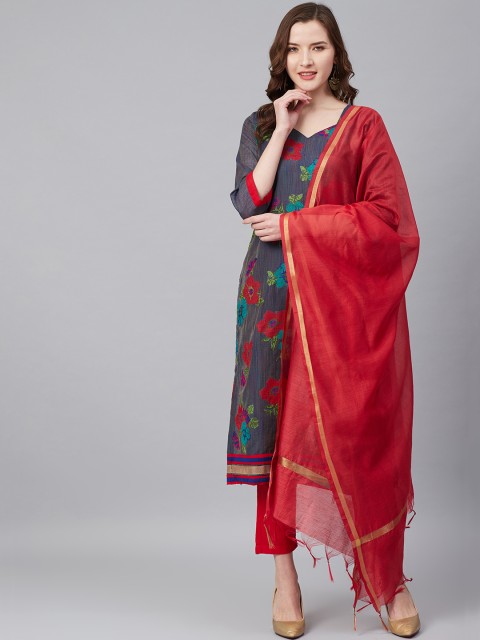 

Biba Blue & Red Embroidered Chanderi Silk Unstitched Dress Material