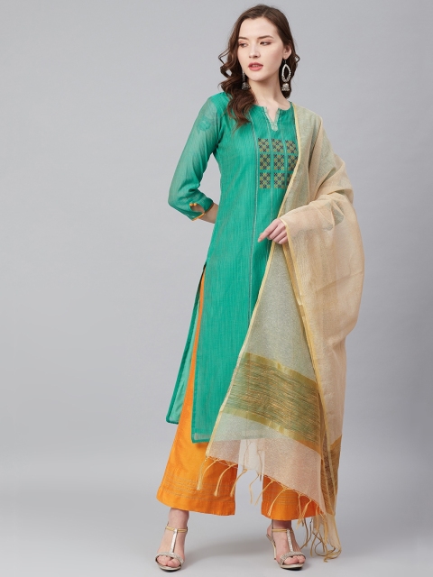 

Biba Green & Mustard Yellow Gadwal Embroidery Detail Unstitched Dress Material