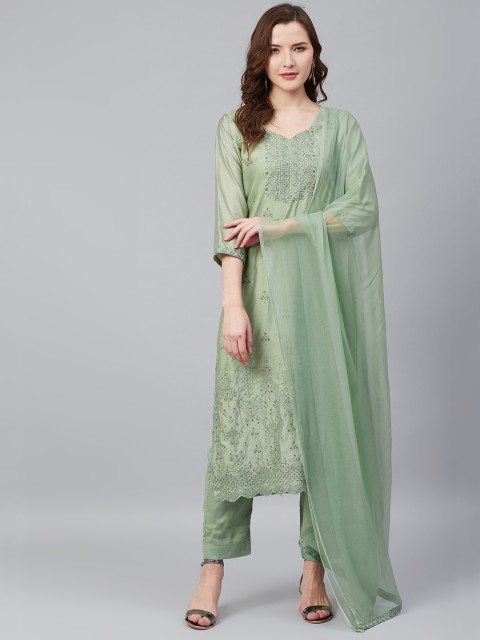 

Biba Green & Golden Chanderi Silk Ethnic Motifs Embroidered Unstitched Dress Material