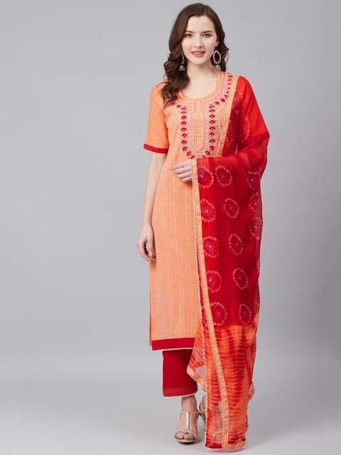 

Biba Peach-Coloured & Red Printed Unstitched Dress Material