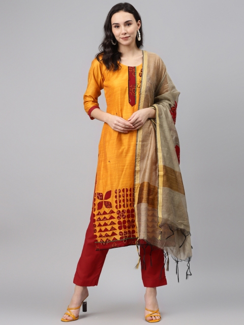 

Biba Mustard Yellow & Red Unstitched Dress Material With Satin Finish