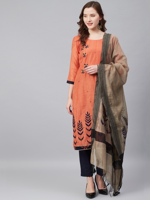 

Biba Coral Orange & Navy Blue Embroidered & Mirror Work Detail Unstitched Dress Material