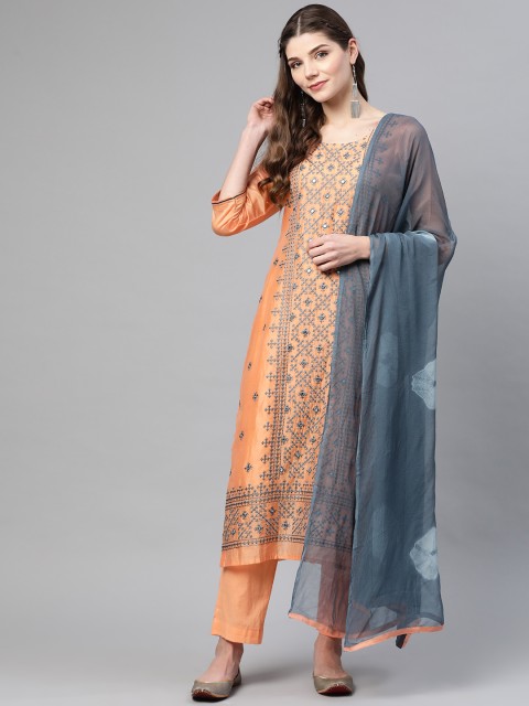 

Biba Peach-Coloured & Blue Chanderi Silk Embroidered Unstitched Dress Material