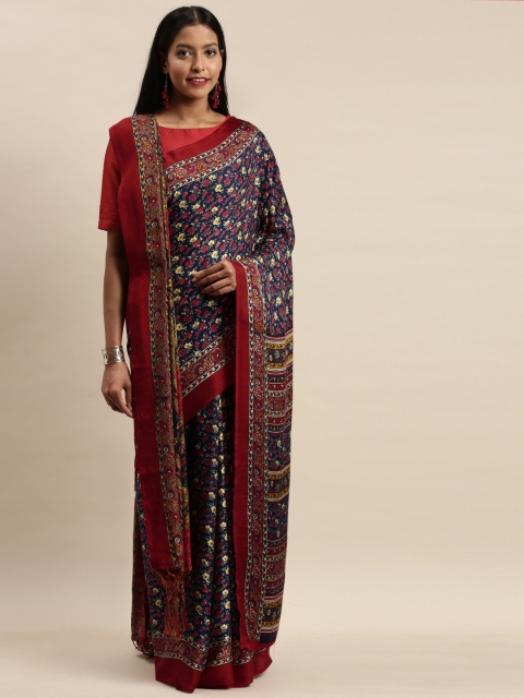 

VASTRANAND Navy Blue & Red Floral Print Pashmina Saree with Matching Shawl